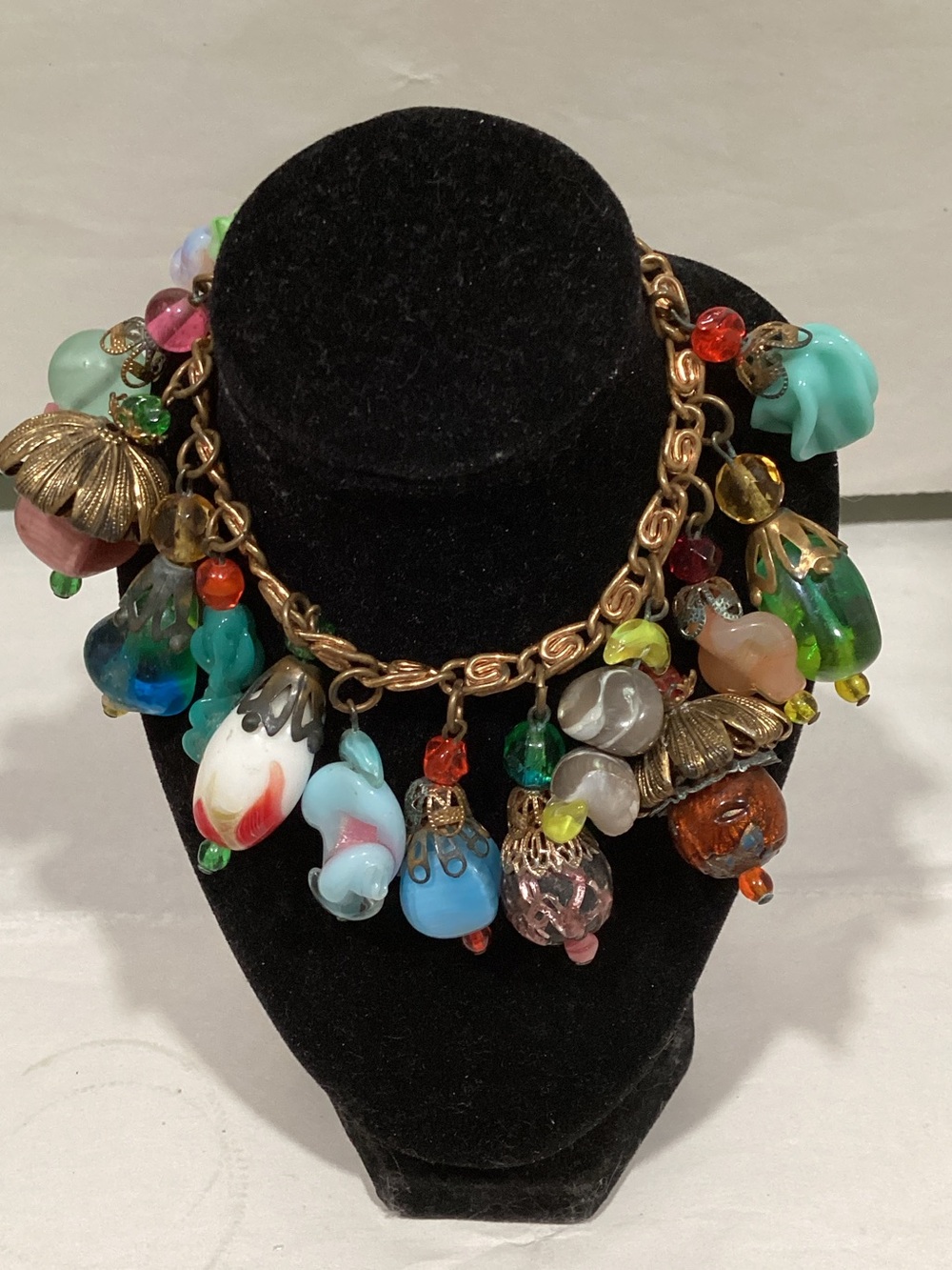 Multicolor Glass Charm Bracelet with Antique Gold-Tone Chain